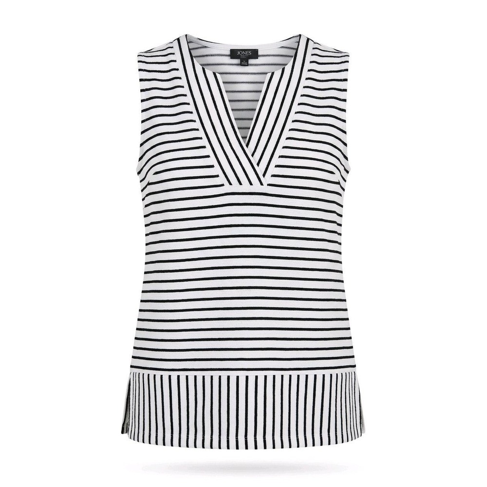 Jones New York Top Striped Black White Textured‎ V-Neck Shell Small